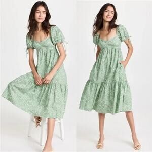 Amanda Uprichard Revolve Puff Sleeve Floral Green Sicily Midi Dress Size XS